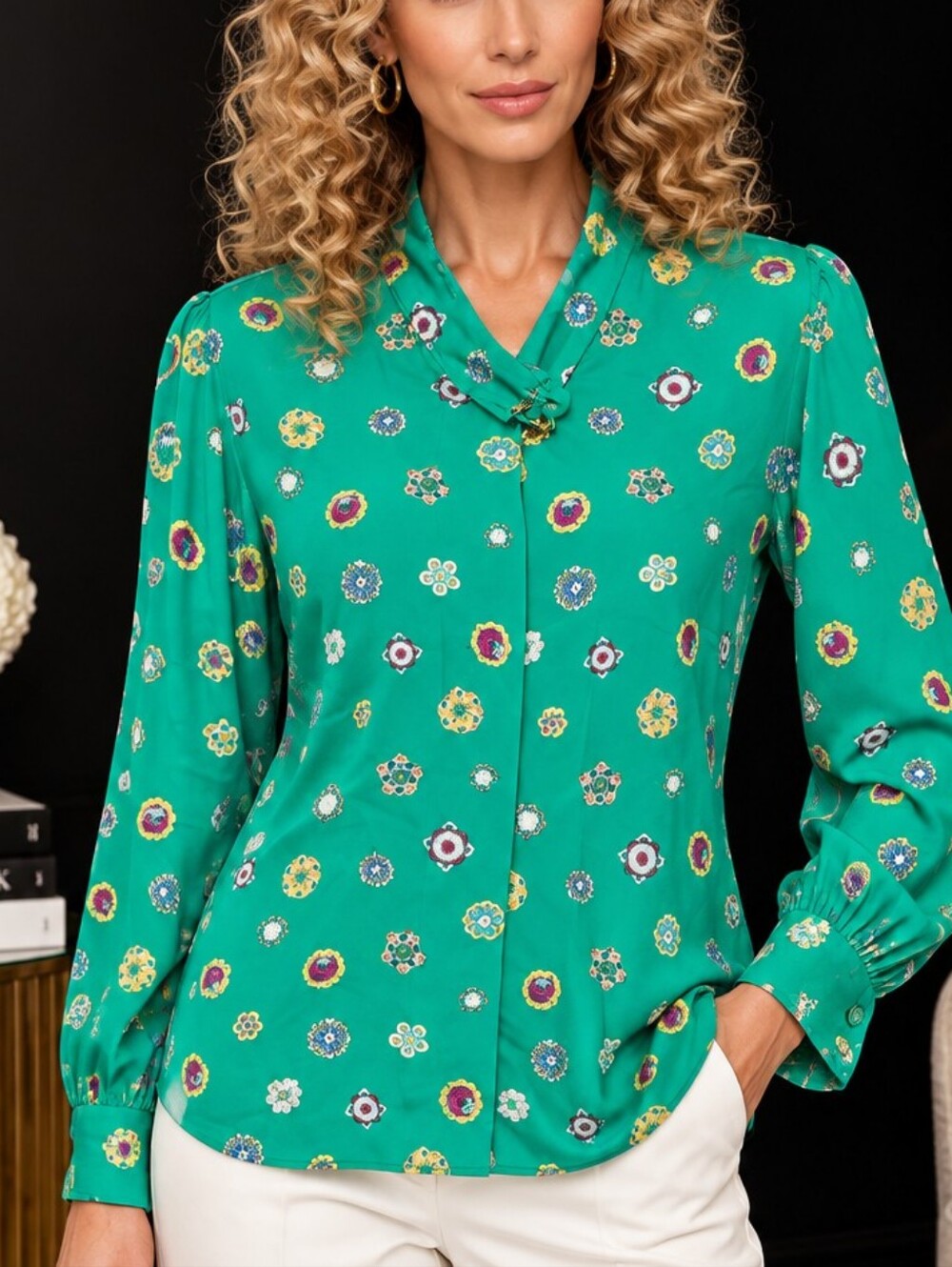 Vintage 80s KORET Jewel Medallion Novelty Print Blouse Green Size 12